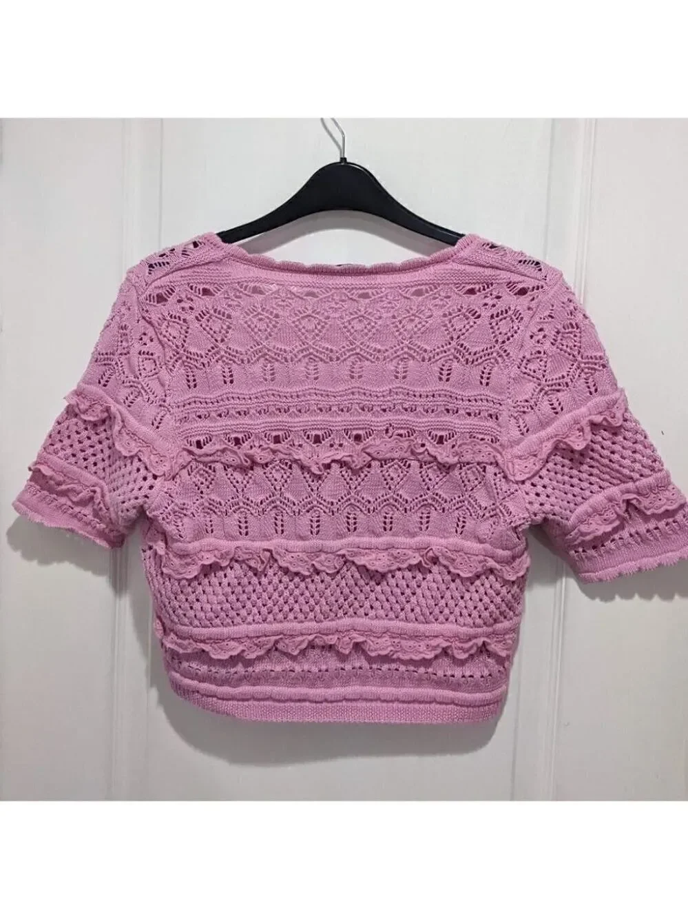 Zara | Short Sleeve Pink Lace Crochet Cardigan - Picture 3 of 11
